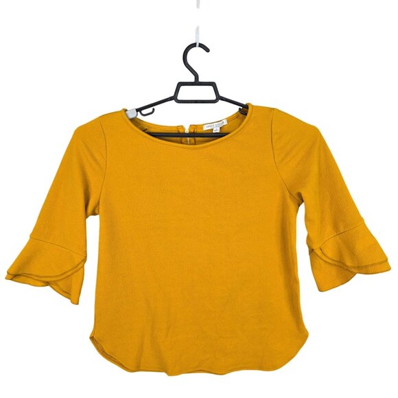 Womens Green Envelope Mustard Yellow Bell Sleeve Top Polyester Stretch Size L - Picture 1 of 7
